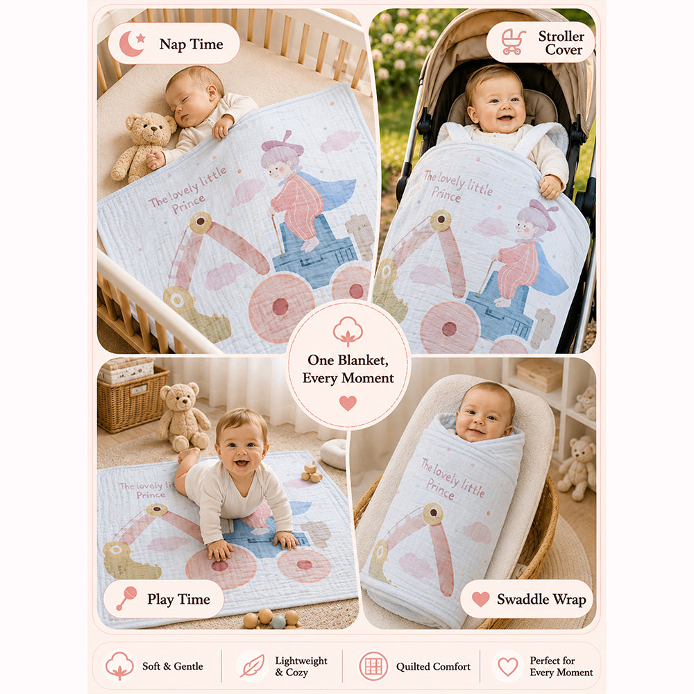 Construction Prince Super Soft Muslin Cotton Blanket for Newborns & Infants with Free Storage Pouch