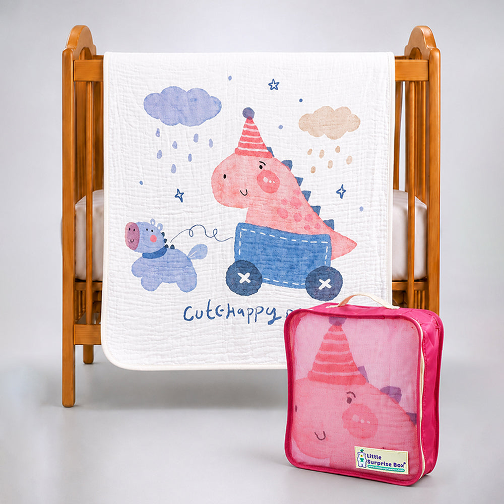 Cute Happy Dino Super Soft Muslin Cotton Blanket for Newborns & Infants with Free Storage Pouch