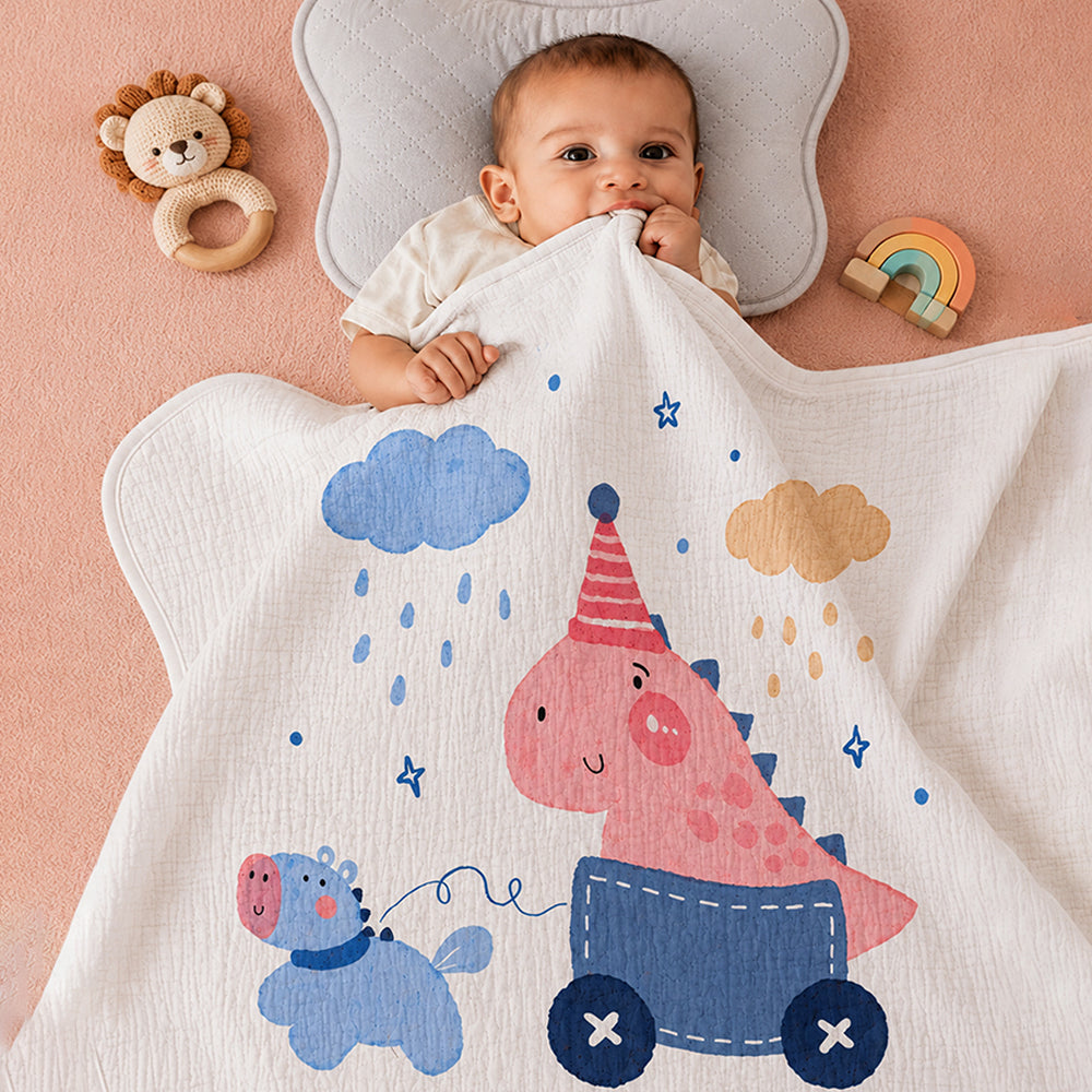 Cute Happy Dino Super Soft Muslin Cotton Blanket for Newborns & Infants with Free Storage Pouch