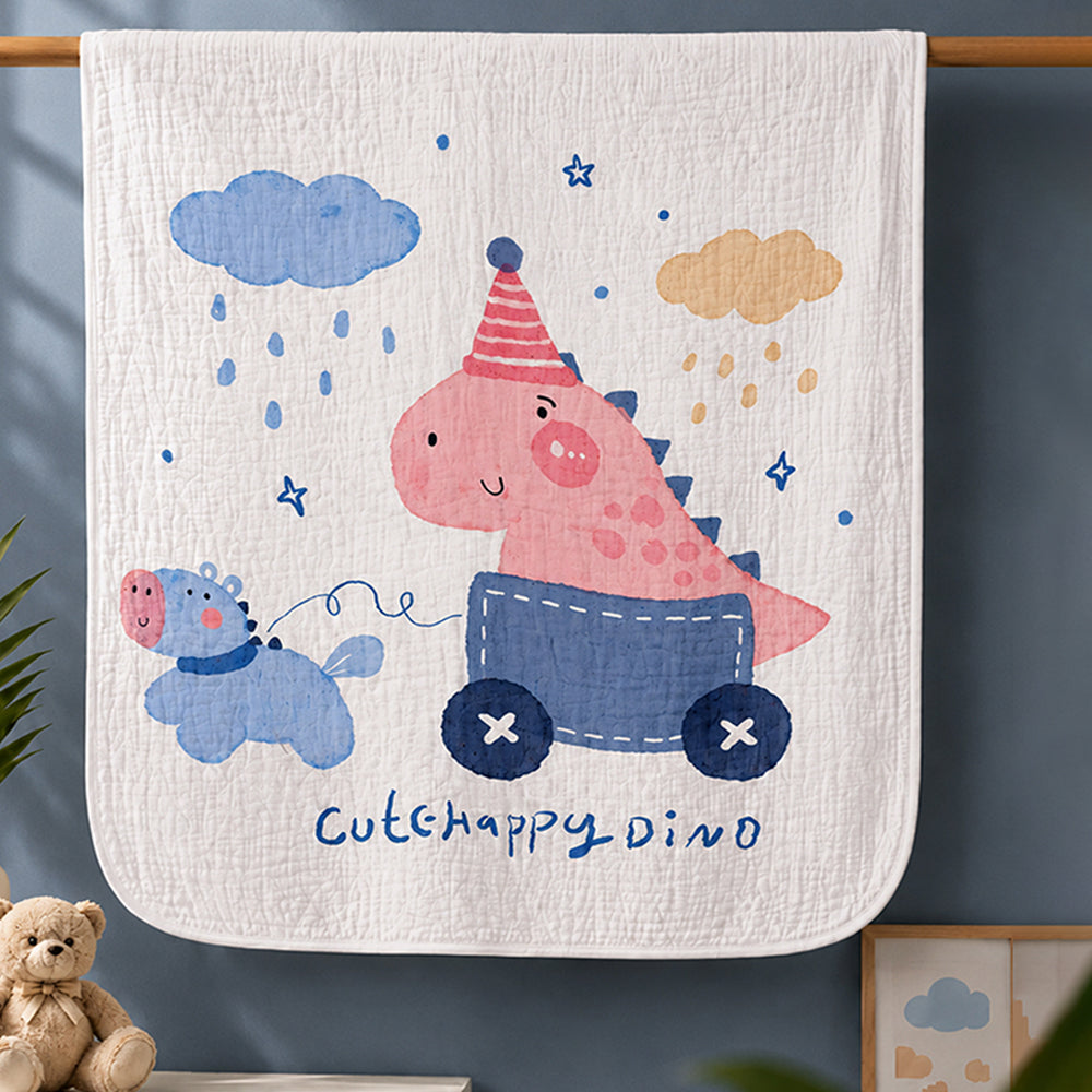 Cute Happy Dino Super Soft Muslin Cotton Blanket for Newborns & Infants with Free Storage Pouch