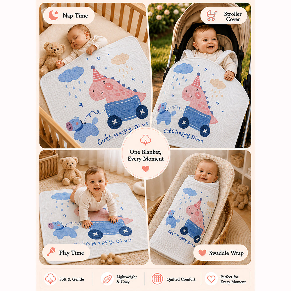 Cute Happy Dino Super Soft Muslin Cotton Blanket for Newborns & Infants with Free Storage Pouch