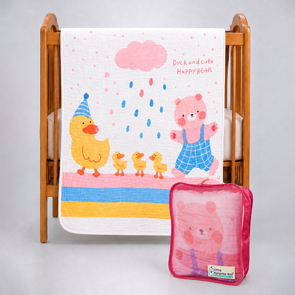 Party Ducklings & Bear Super Soft Muslin Cotton Blanket for Newborns & Infants with Free Storage Pouch