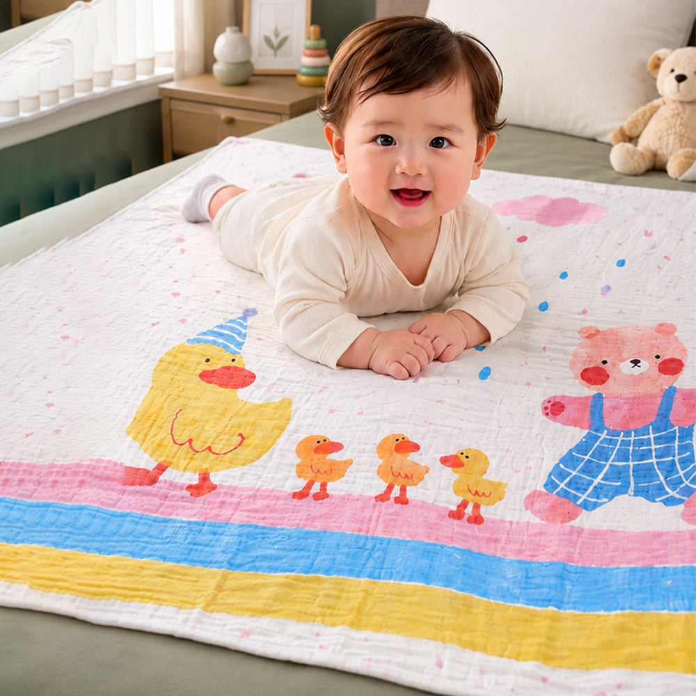 Party Ducklings & Bear Super Soft Muslin Cotton Blanket for Newborns & Infants with Free Storage Pouch