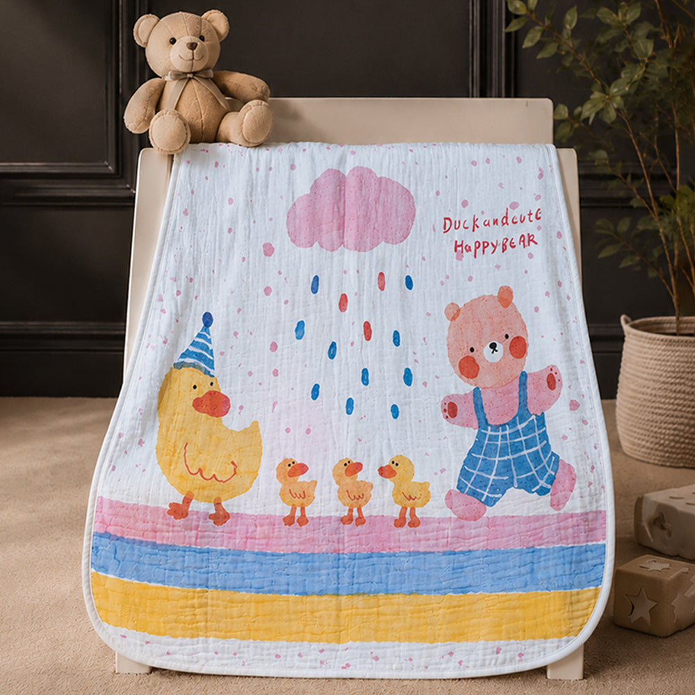 Party Ducklings & Bear Super Soft Muslin Cotton Blanket for Newborns & Infants with Free Storage Pouch