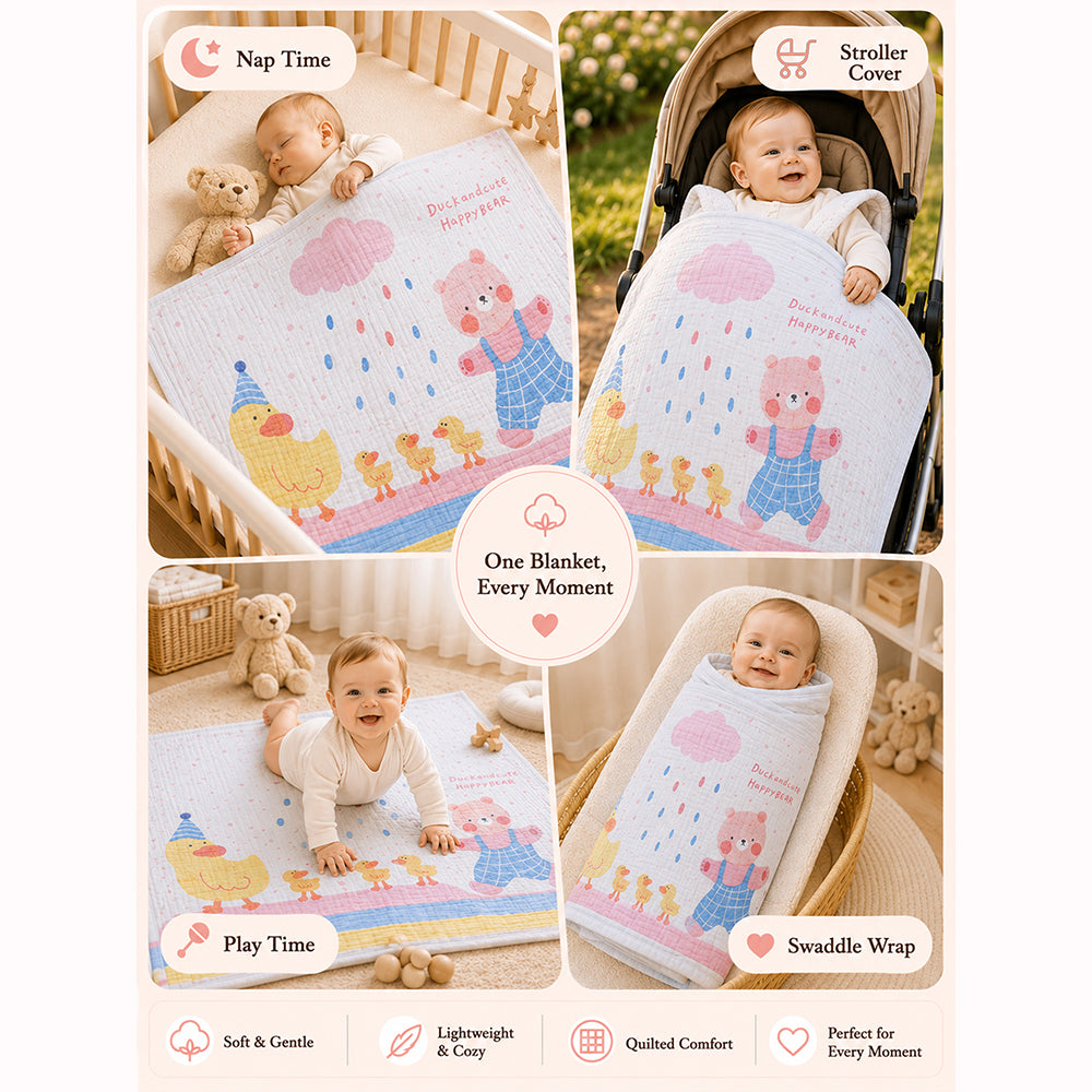 Party Ducklings & Bear Super Soft Muslin Cotton Blanket for Newborns & Infants with Free Storage Pouch
