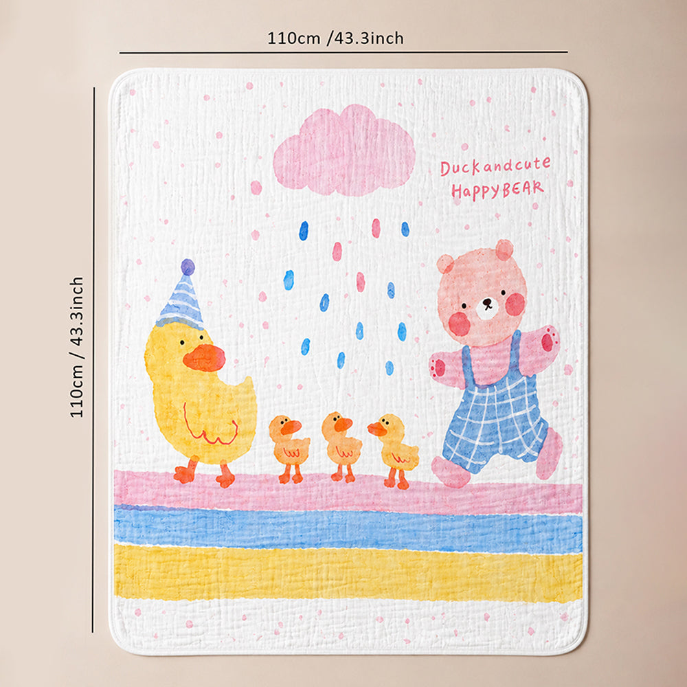 Party Ducklings & Bear Super Soft Muslin Cotton Blanket for Newborns & Infants with Free Storage Pouch