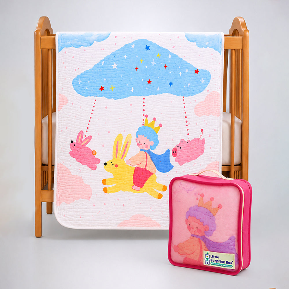 Flying Bunny Ride Super Soft Muslin Cotton Blanket for Newborns & Infants with Free Storage Pouch
