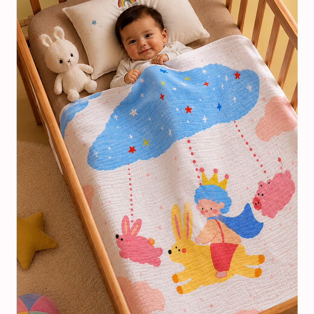 Flying Bunny Ride Super Soft Muslin Cotton Blanket for Newborns & Infants with Free Storage Pouch
