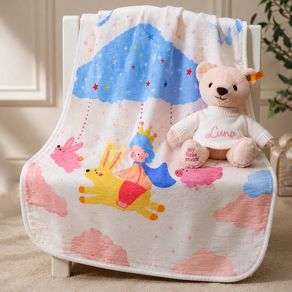 Flying Bunny Ride Super Soft Muslin Cotton Blanket for Newborns & Infants with Free Storage Pouch