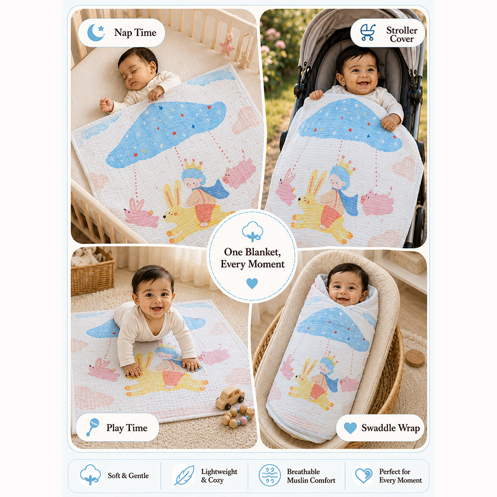 Flying Bunny Ride Super Soft Muslin Cotton Blanket for Newborns & Infants with Free Storage Pouch