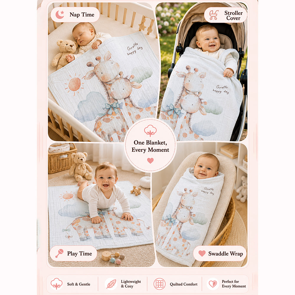 Giraffe Happy Day Super Soft Muslin Cotton Blanket for Newborns & Infants with Free Storage Pouch