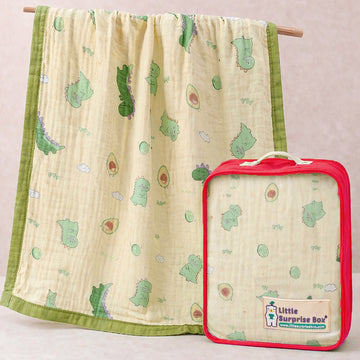 Green Dino & Avocado, Super Soft Breathable Pure Muslin Cotton Blanket for Newborns & Infants with free storage pouch