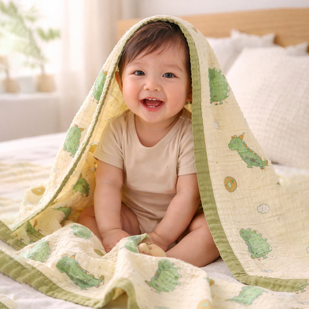 Green Dino & Avocado, Super Soft Breathable Pure Muslin Cotton Blanket for Newborns & Infants with free storage pouch