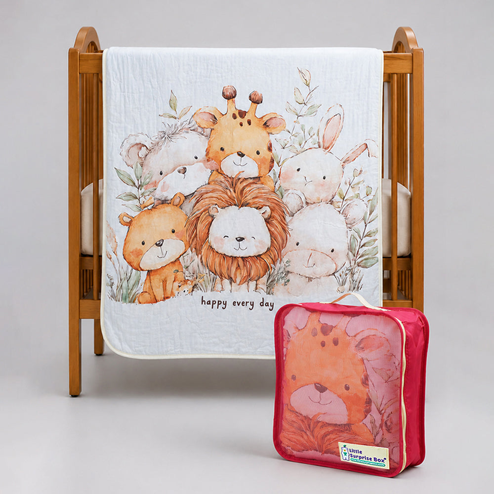Jungle Friends Super Soft Muslin Cotton Blanket for Newborns & Infants with Free Storage Pouch