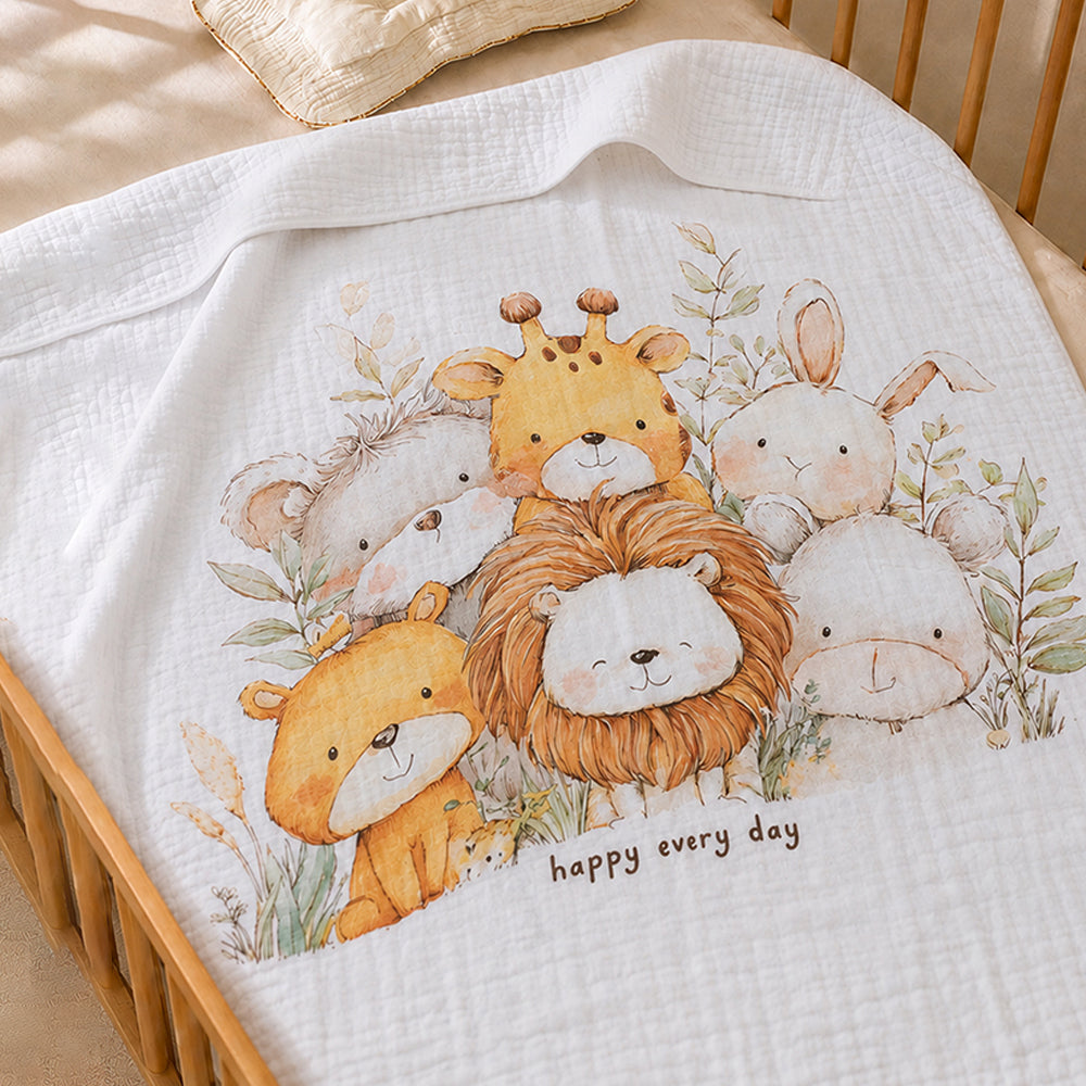 Jungle Friends Super Soft Muslin Cotton Blanket for Newborns & Infants with Free Storage Pouch