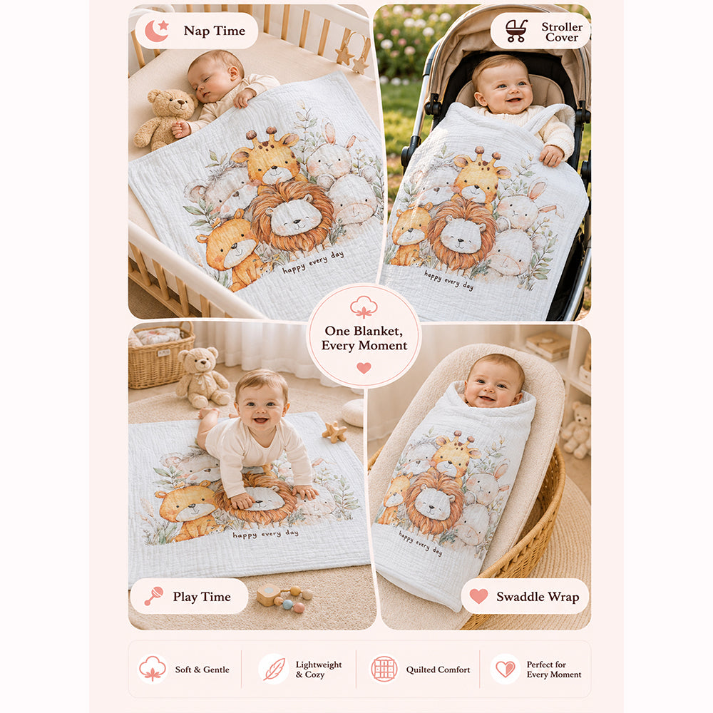 Jungle Friends Super Soft Muslin Cotton Blanket for Newborns & Infants with Free Storage Pouch