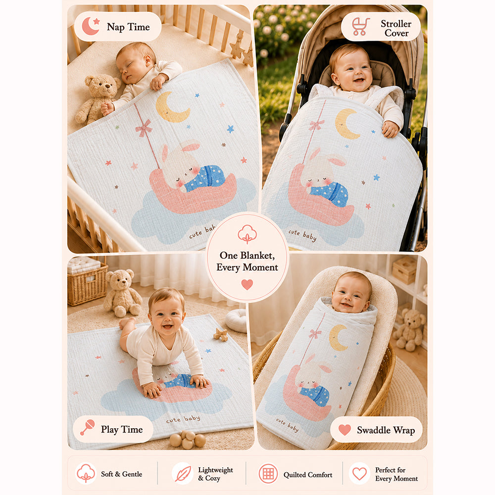 Sleeping Moon Baby Super Soft Muslin Cotton Blanket for Newborns & Infants with Free Storage Pouch