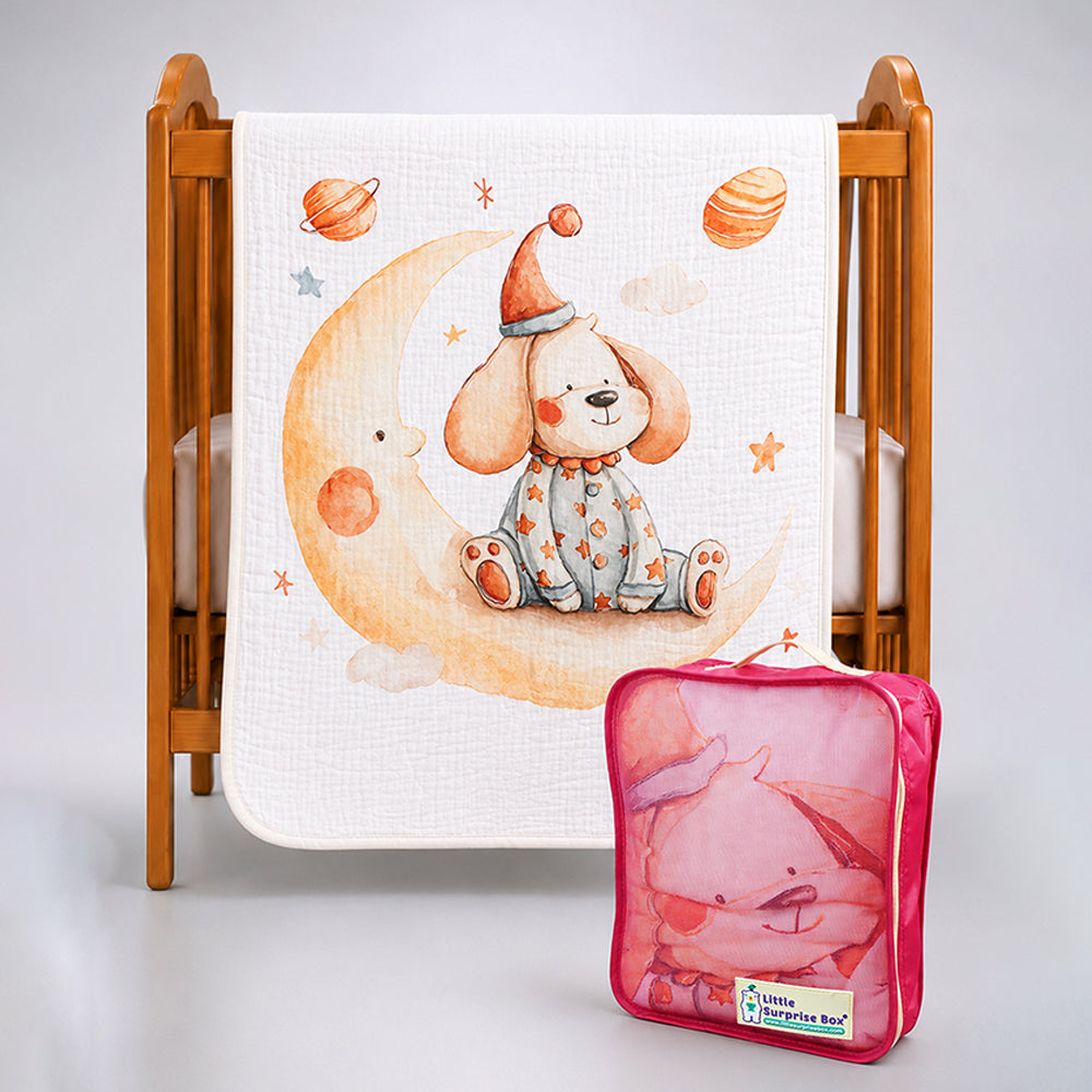 Moonlight Puppy Dreams, Super Soft Muslin Cotton Blanket for Newborns & Infants with Free Storage Pouch