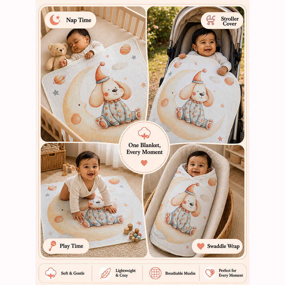 Moonlight Puppy Dreams, Super Soft Muslin Cotton Blanket for Newborns & Infants with Free Storage Pouch