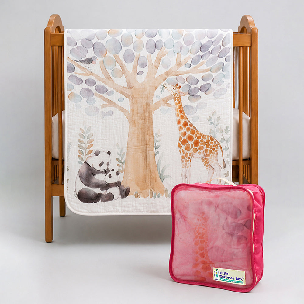 Panda & Giraffe Super Soft Muslin Cotton Blanket for Newborns & Infants with Free Storage Pouch
