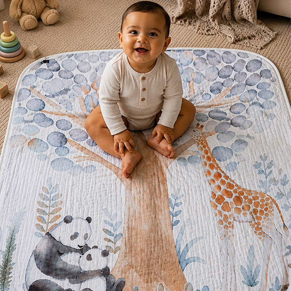 Panda & Giraffe Super Soft Muslin Cotton Blanket for Newborns & Infants with Free Storage Pouch