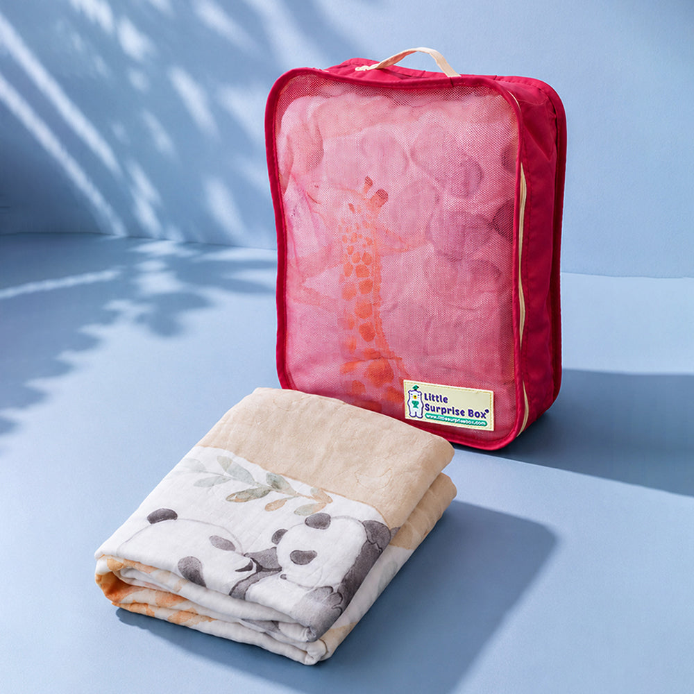 Panda & Giraffe Super Soft Muslin Cotton Blanket for Newborns & Infants with Free Storage Pouch