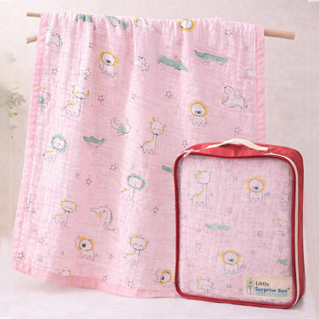 Pink Animal Parade, Super Soft Breathable Pure Muslin Cotton Blanket for Newborns & Infants with free storage pouch
