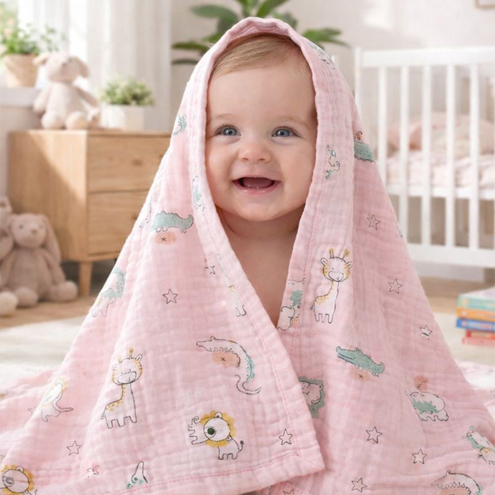 Pink Animal Parade, Super Soft Breathable Pure Muslin Cotton Blanket for Newborns & Infants with free storage pouch