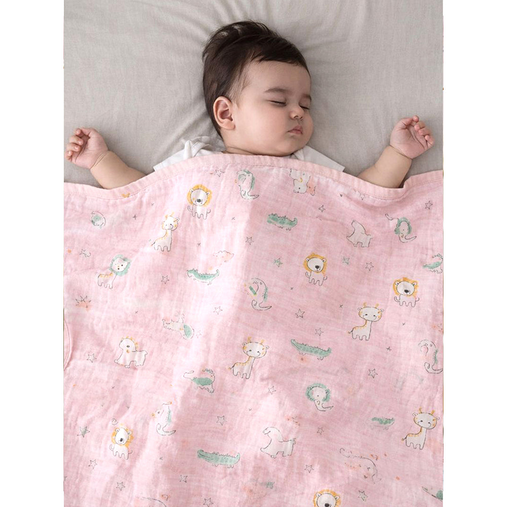 Pink Animal Parade, Super Soft Breathable Pure Muslin Cotton Blanket for Newborns & Infants with free storage pouch
