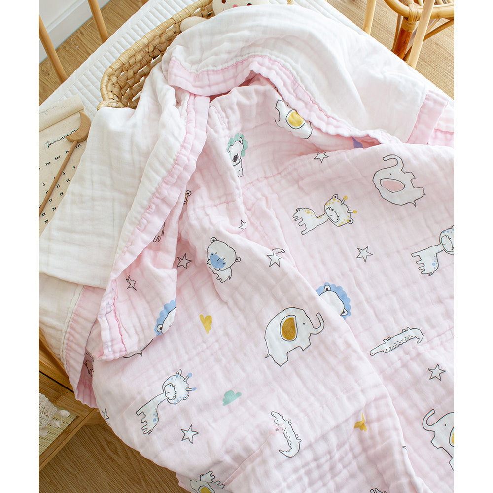 Pink Animal Parade, Super Soft Breathable Pure Muslin Cotton Blanket for Newborns & Infants with free storage pouch