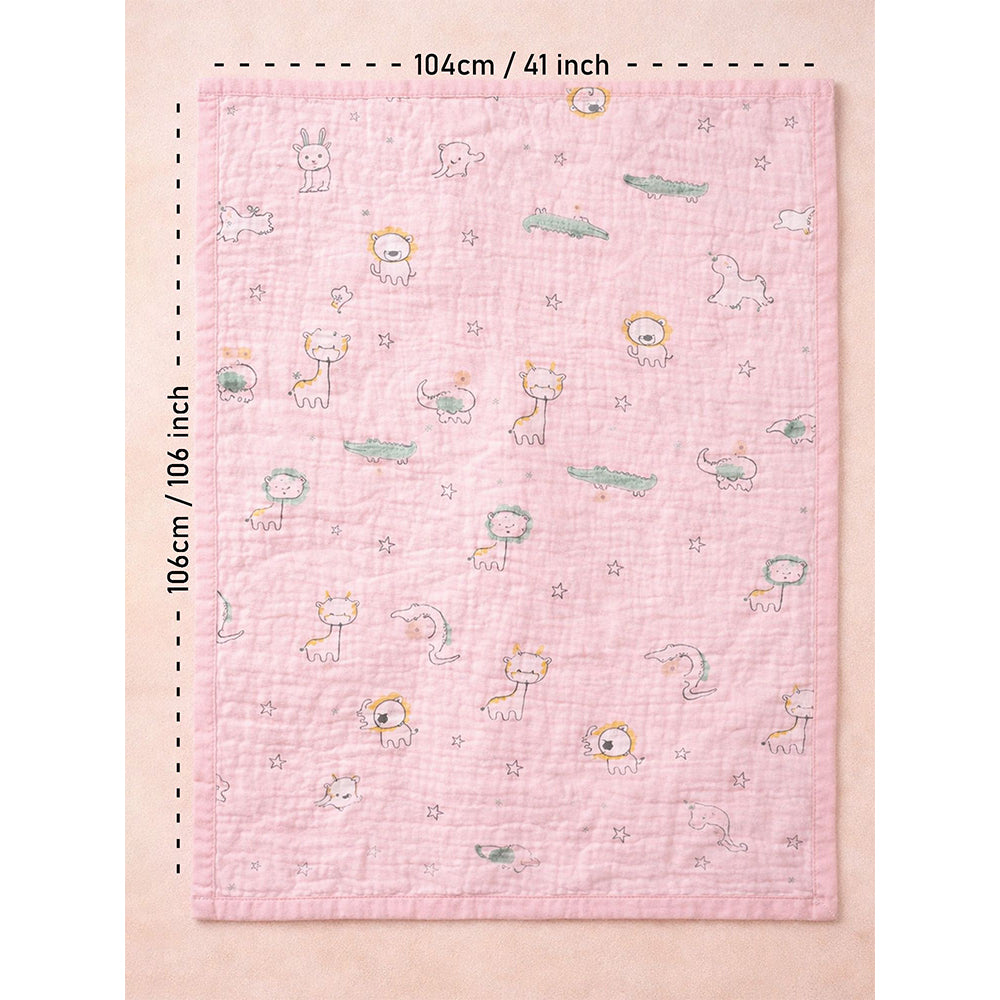 Pink Animal Parade, Super Soft Breathable Pure Muslin Cotton Blanket for Newborns & Infants with free storage pouch
