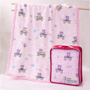 Pink Cart Teddy, Super Soft Breathable Pure Muslin Cotton Blanket for Newborns & Infants with free storage pouch