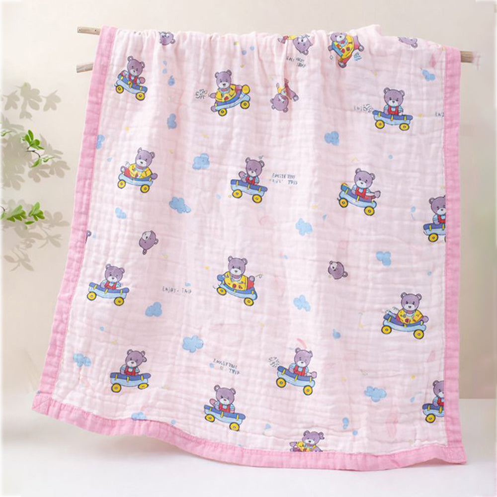 Pink Cart Teddy, Super Soft Breathable Pure Muslin Cotton Blanket for Newborns & Infants with free storage pouch