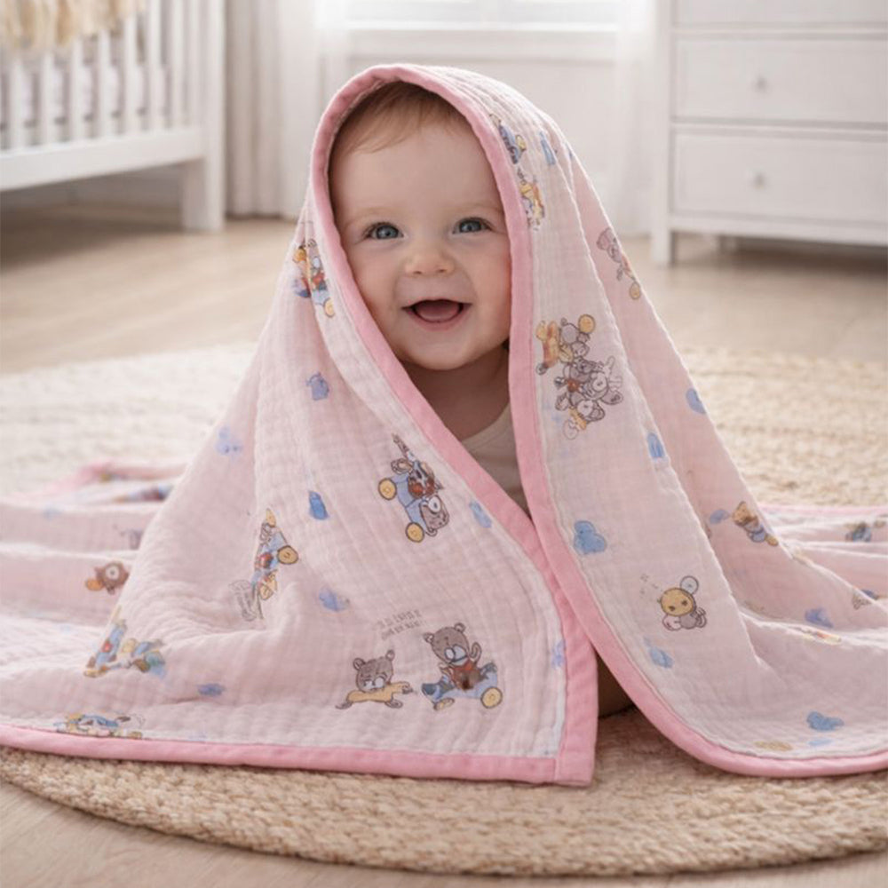 Pink Cart Teddy, Super Soft Breathable Pure Muslin Cotton Blanket for Newborns & Infants with free storage pouch