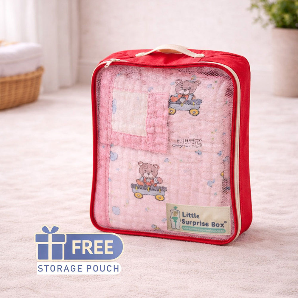 Pink Cart Teddy, Super Soft Breathable Pure Muslin Cotton Blanket for Newborns & Infants with free storage pouch