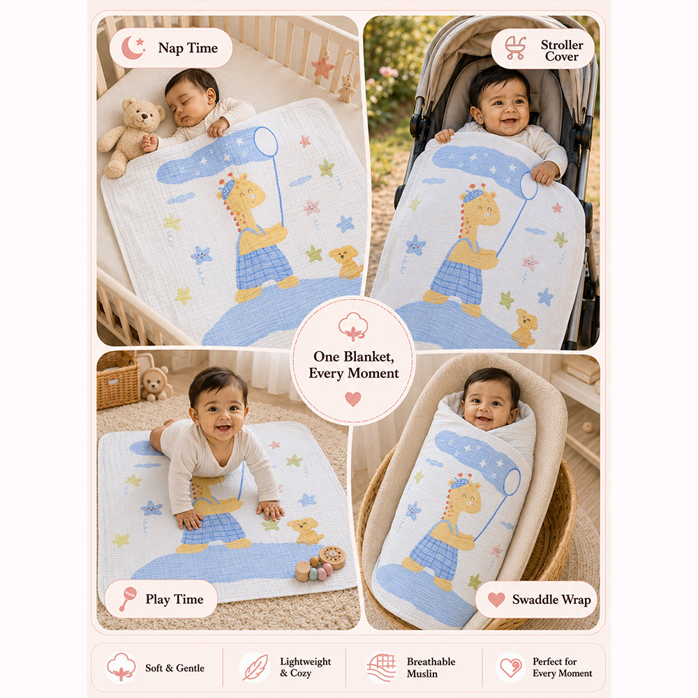 Giraffe Star Catcher Super Soft Muslin Cotton Blanket for Newborns & Infants with Free Storage Pouch
