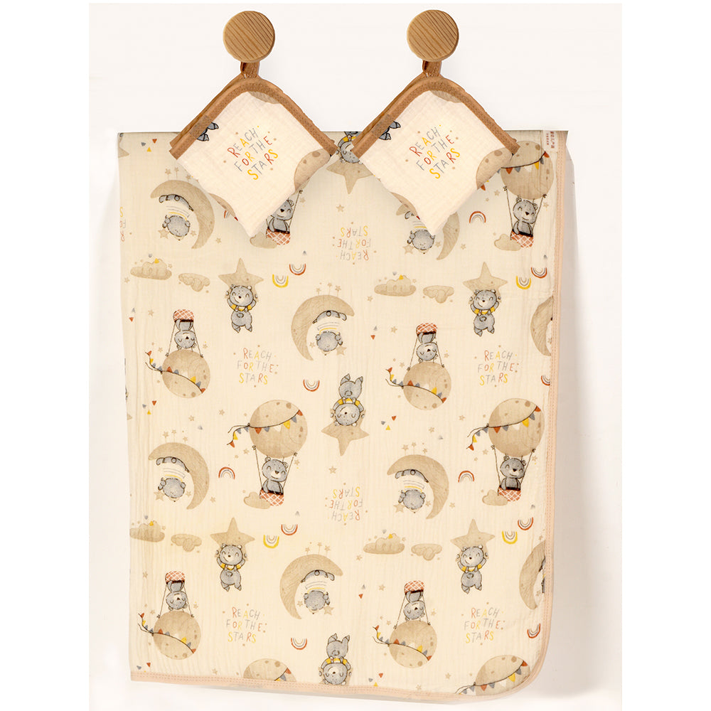 Tedddy Stars muslin cotton blanket with 2 matching Napkins for Newborn & Infants