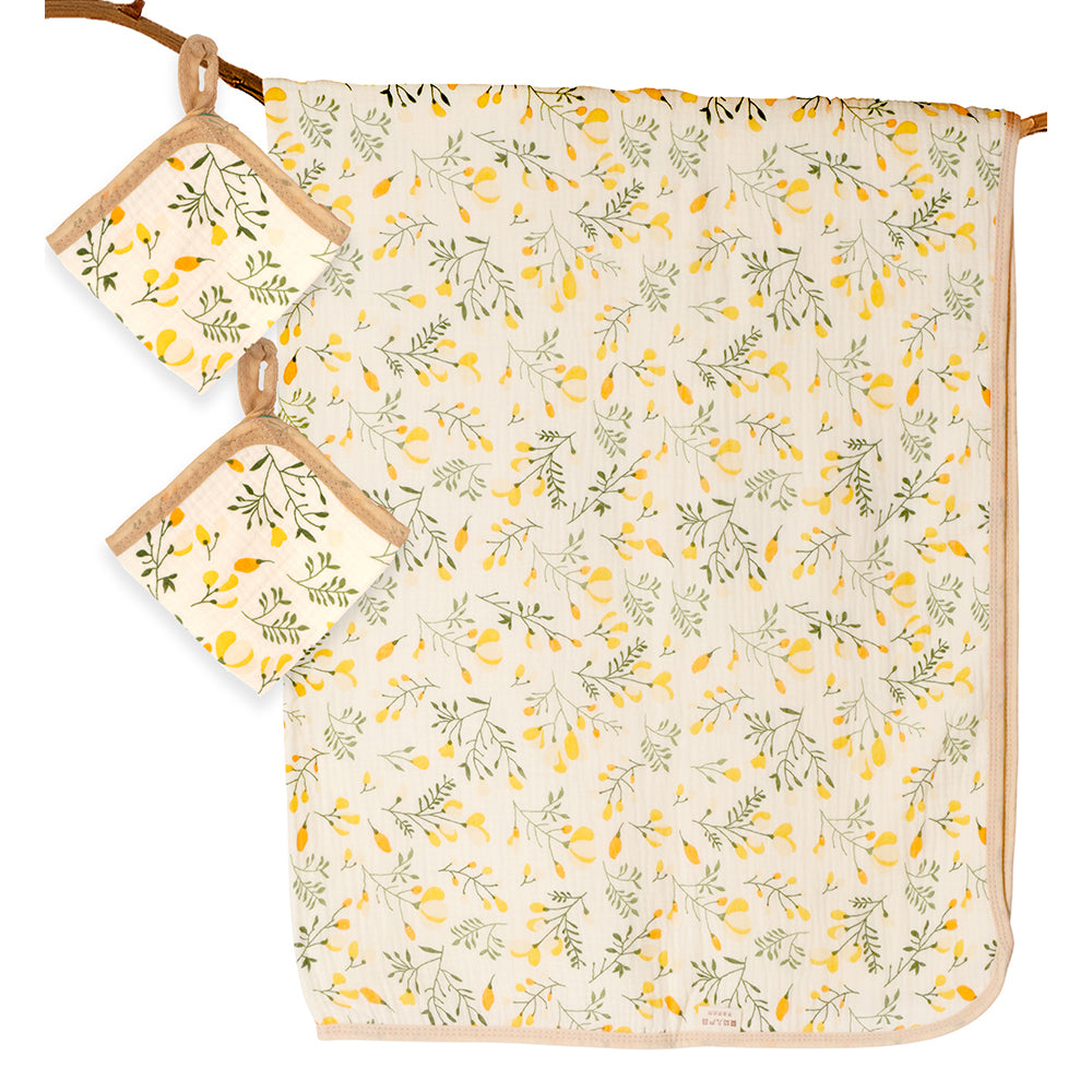 Yellow Flower muslin cotton blanket with 2 matching Napkins for Newborn & Infants