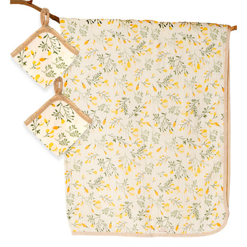 Yellow Flower muslin cotton blanket with 2 matching Napkins for Newborn & Infants