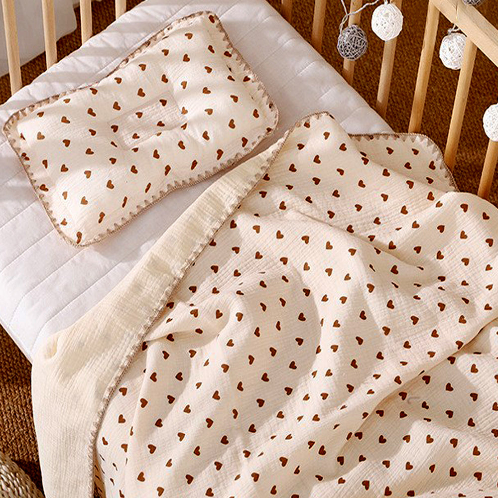 Brown Hearts, 2pcs Super Soft Breathable pure Muslin cotton Blanket and pillow set for Newborn & Infants