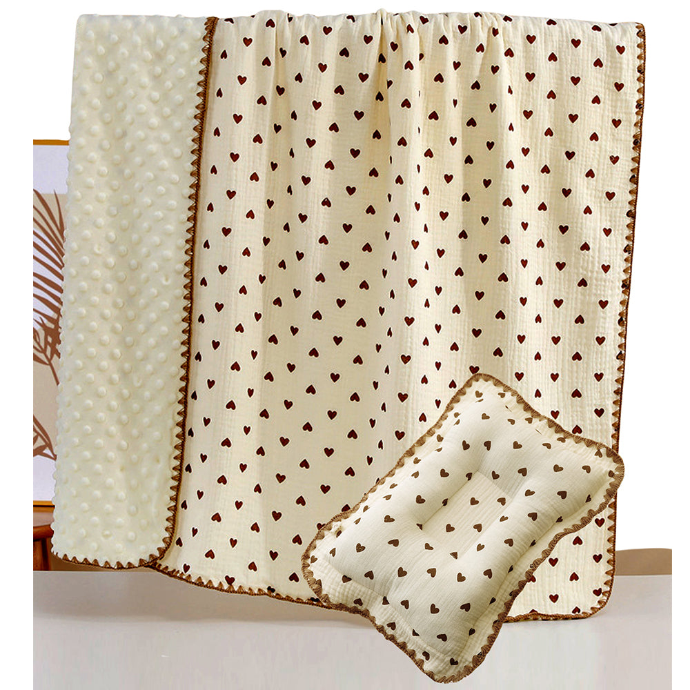 Brown Hearts, 2pcs Super Soft Breathable pure Muslin cotton Blanket and pillow set for Newborn & Infants