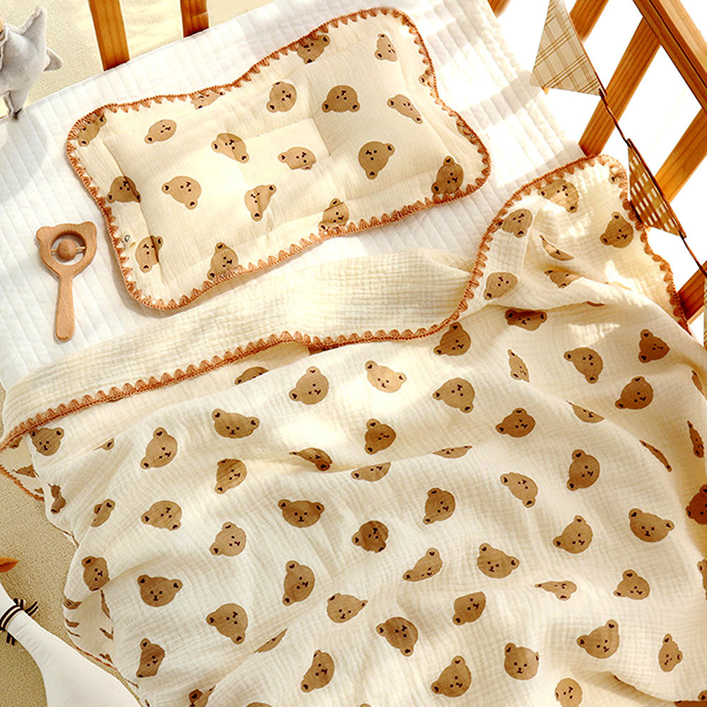 Brown Ted Face, 2pcs Super Soft Breathable pure Muslin cotton Blanket and pillow set for Newborn & Infants