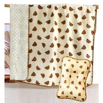 Brown Ted Face, 2pcs Super Soft Breathable pure Muslin cotton Blanket and pillow set for Newborn & Infants