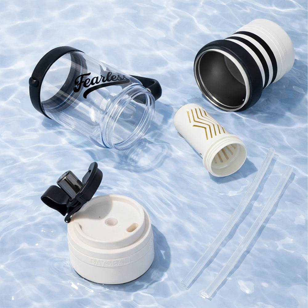 Black White 4 in one Water Bottle , infuser & mini snack box for teens and Adults, 1000ml