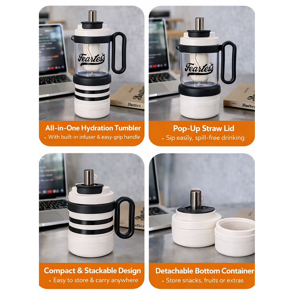 Black White 4 in one Water Bottle , infuser & mini snack box for teens and Adults, 1000ml