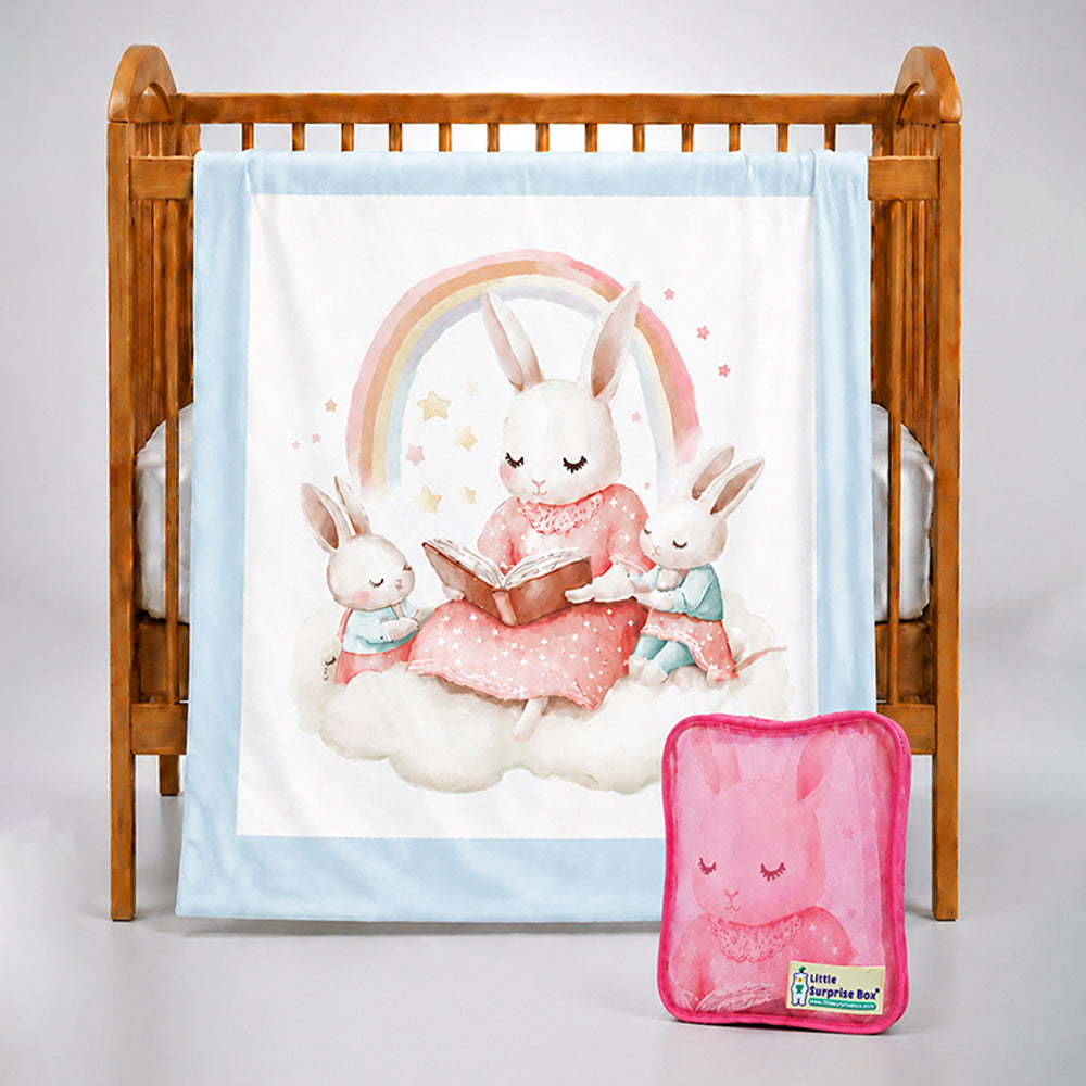 Blue, Bunny Family Bedtime Story Soft Cotton Winter Blanket for Newborn & Infants with Free Storage Pouch
