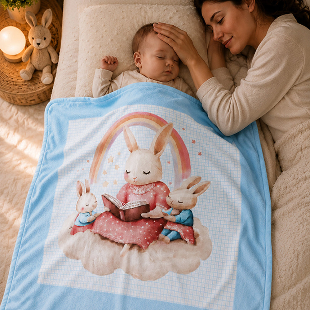 Blue, Bunny Family Bedtime Story Soft Cotton Winter Blanket for Newborn & Infants with Free Storage Pouch