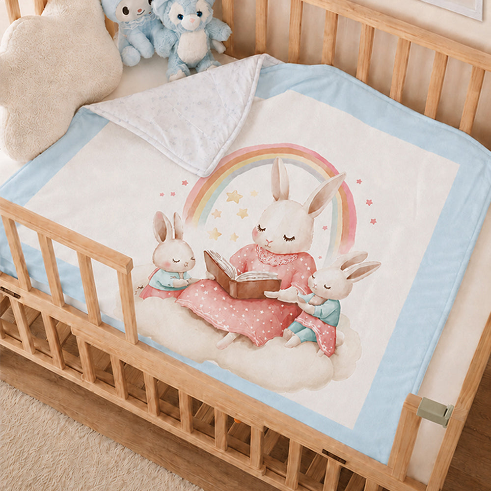 Blue, Bunny Family Bedtime Story Soft Cotton Winter Blanket for Newborn & Infants with Free Storage Pouch