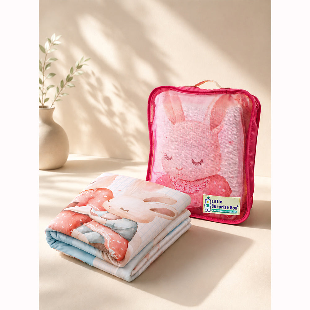 Blue, Bunny Family Bedtime Story Soft Cotton Winter Blanket for Newborn & Infants with Free Storage Pouch