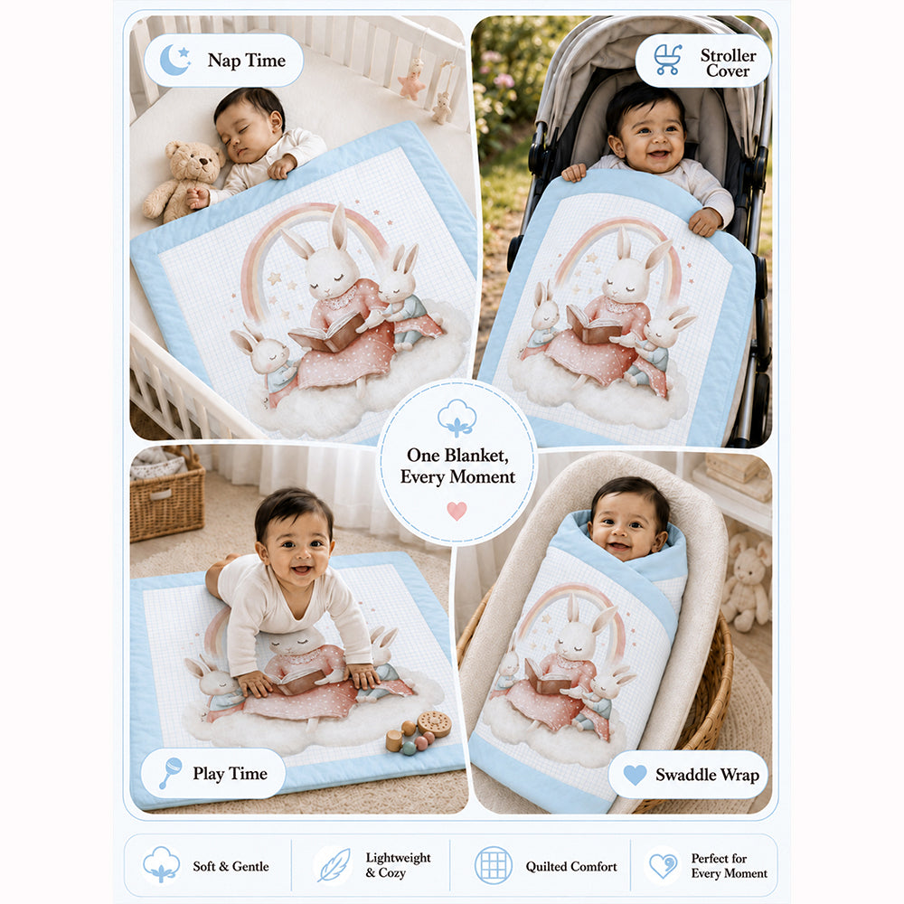 Blue, Bunny Family Bedtime Story Soft Cotton Winter Blanket for Newborn & Infants with Free Storage Pouch